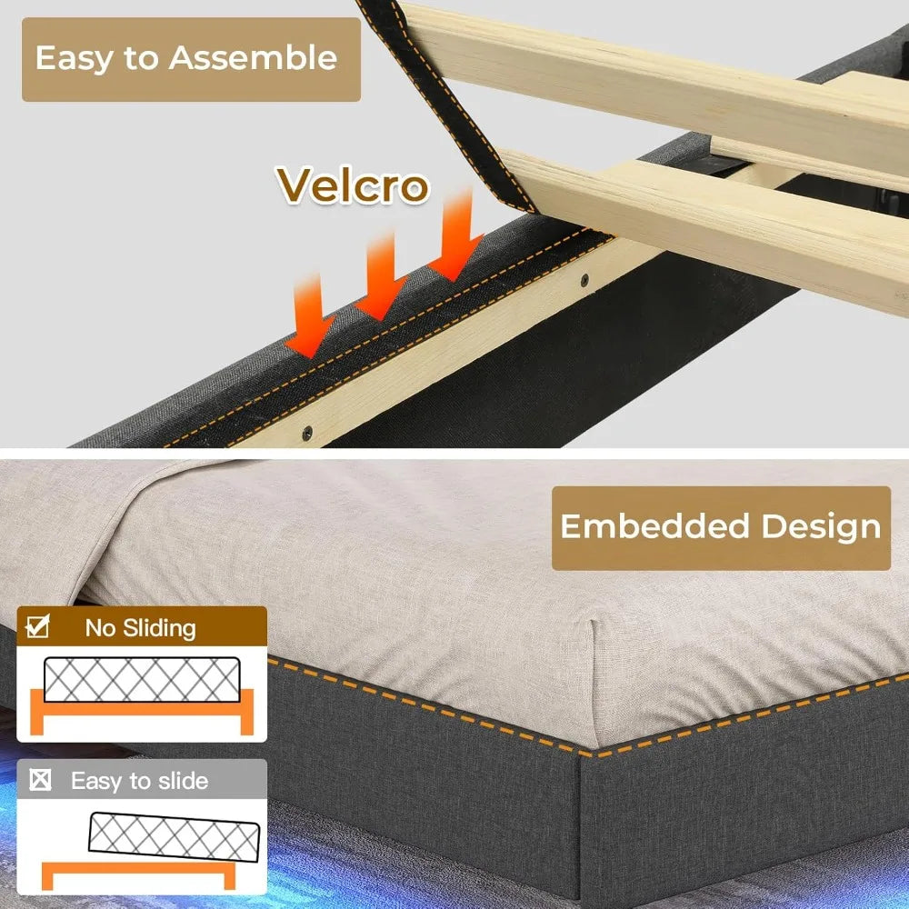 Queen Floating Bed Frame with Storage Headboard & LED Lights, Upholstered Platform Bed Frame with Type-C & USB Charging
