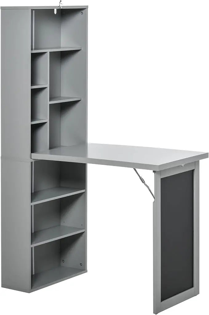 Fold-Out Convertible Writing Table,Wall Mount Desk Cabinet with Blackboard and Side Shelf Multi-Function Home Office Workstation