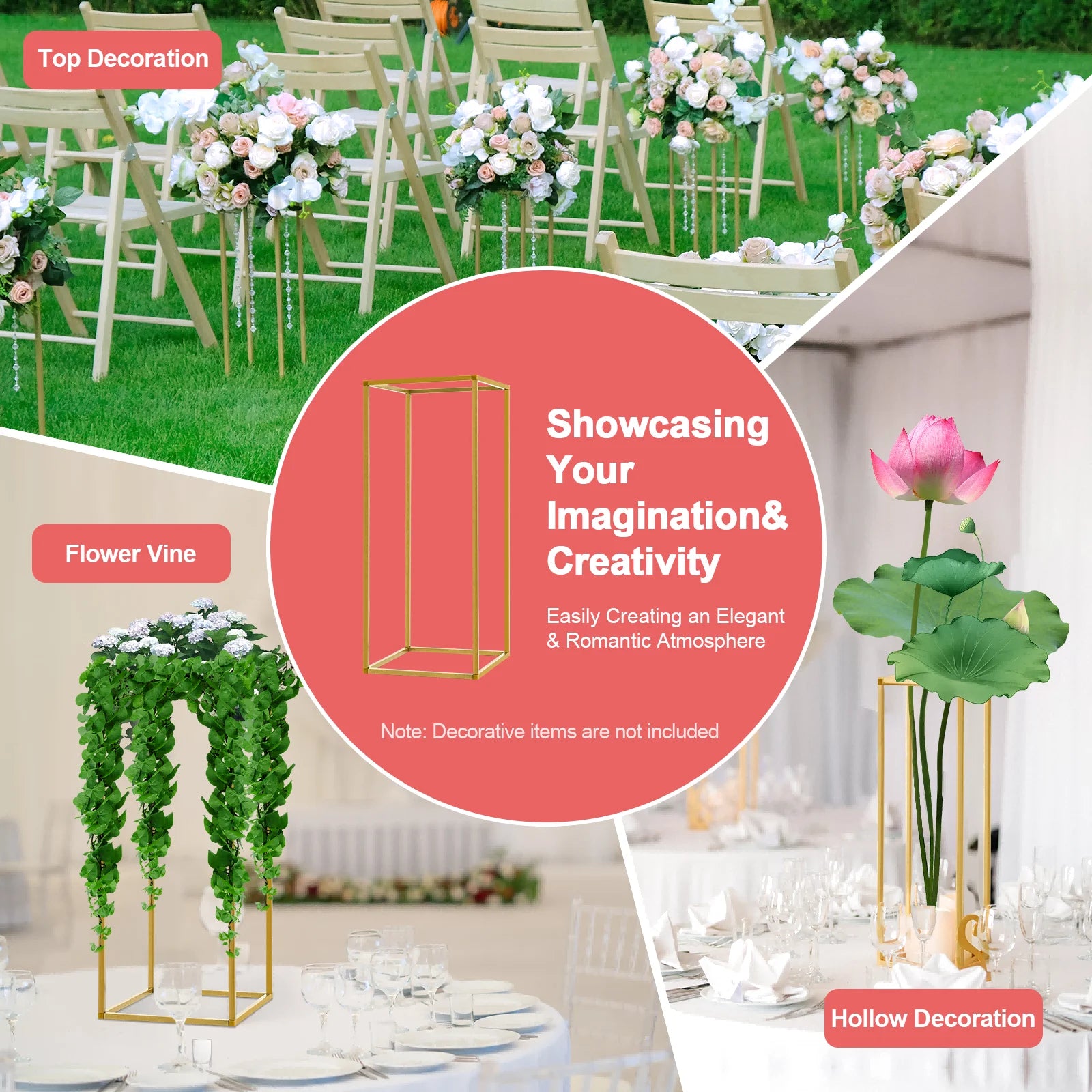 10-Pack Gold Flower Stand Set, 60cm/80cm Modern Rectangular Metal Display Stands for Wedding Centerpiece, Party, Dessert Table Decor