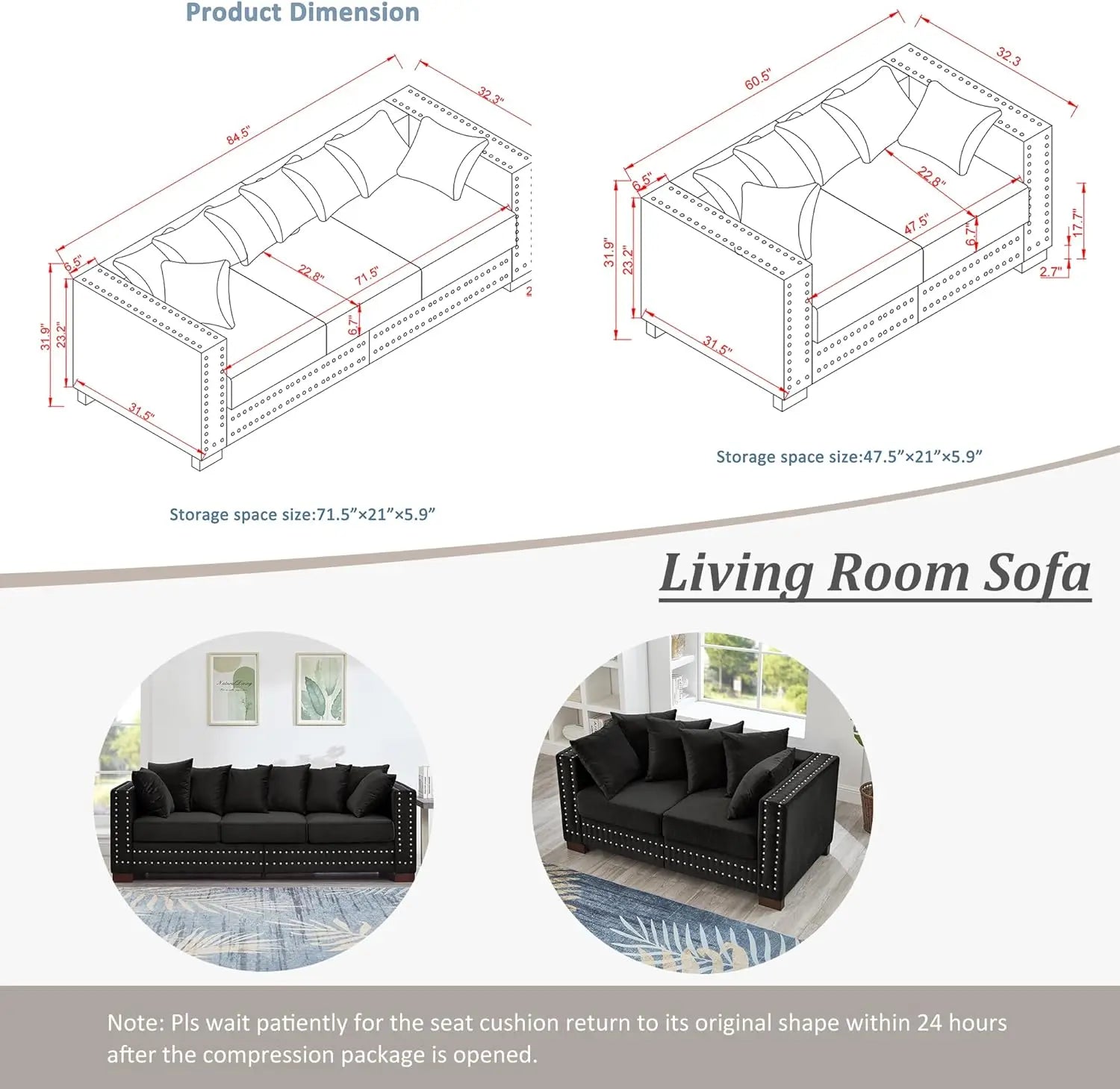 2-Piece Modern Velvet Upholstered 2+3 Seater Sofa Set with Storage Space, Loveseat and Sofa Couch with Silver Nail Trim