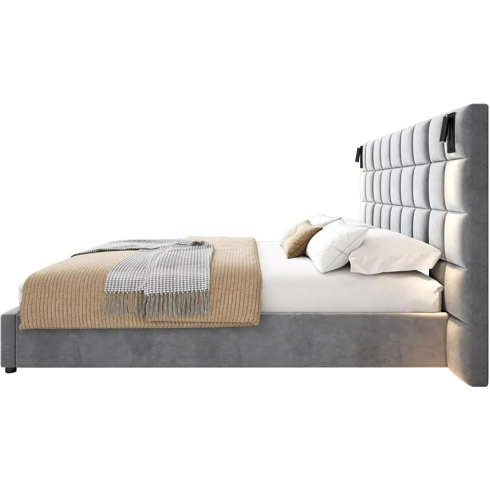 King-Size Upholstered Bed with Reading Light and USB Charging, Velvet Headboard, Grey (No Side Tables or Mattress Included)