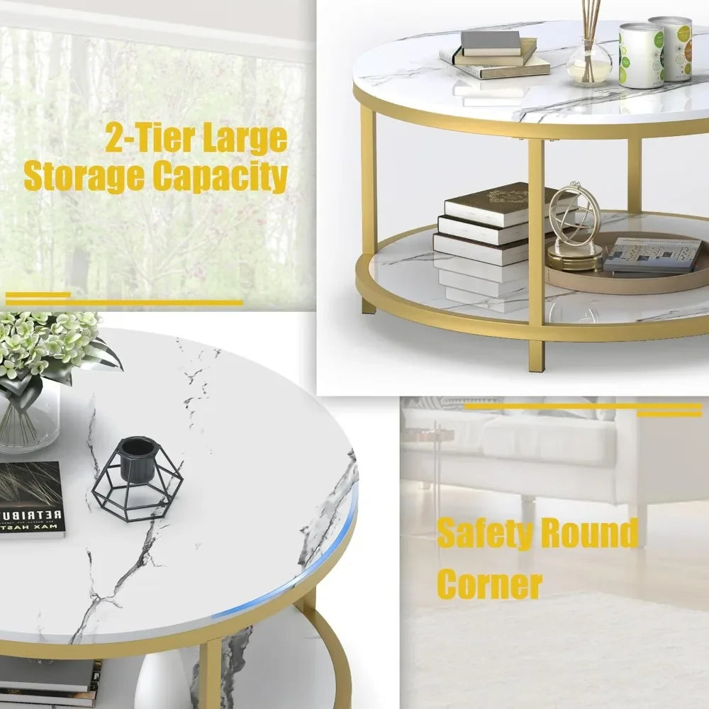 33.5" Round Coffee Table/  Coffee Table Room/ High Glossy Faux Marble Top /Circle Table Sturdy Gold Frame Legs/ Cocktail Table