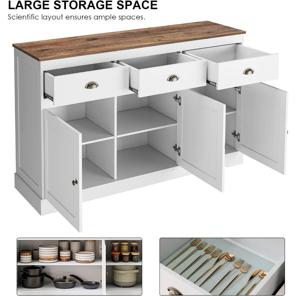 White Buffet Farmhouse Cabinet Storage Sideboard, Bar Wine Cabinet with 3 Drawers & 3 Doors Adjustable Shelves
