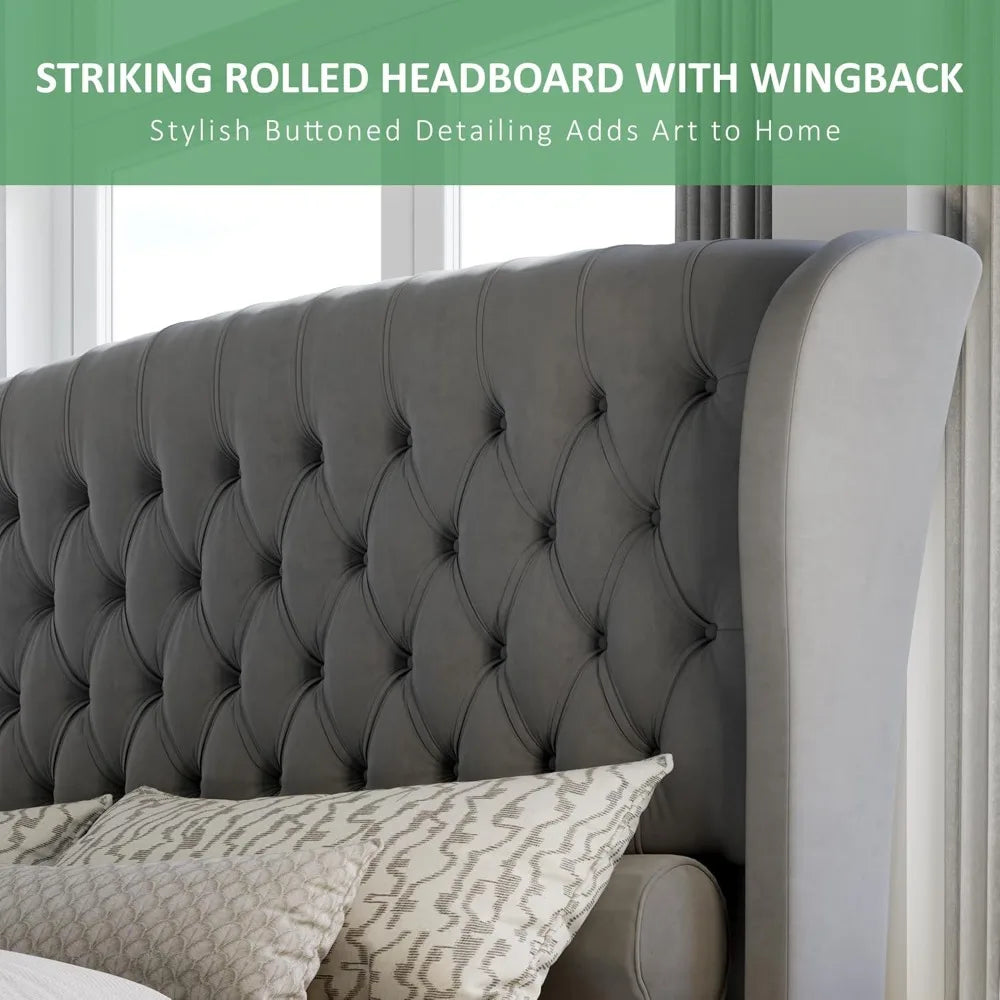 Queen Size Platform Bed Frame, Velvet Upholstered Sleigh Bed with Scroll Wingback Headboard & Footboard/Button Tufted