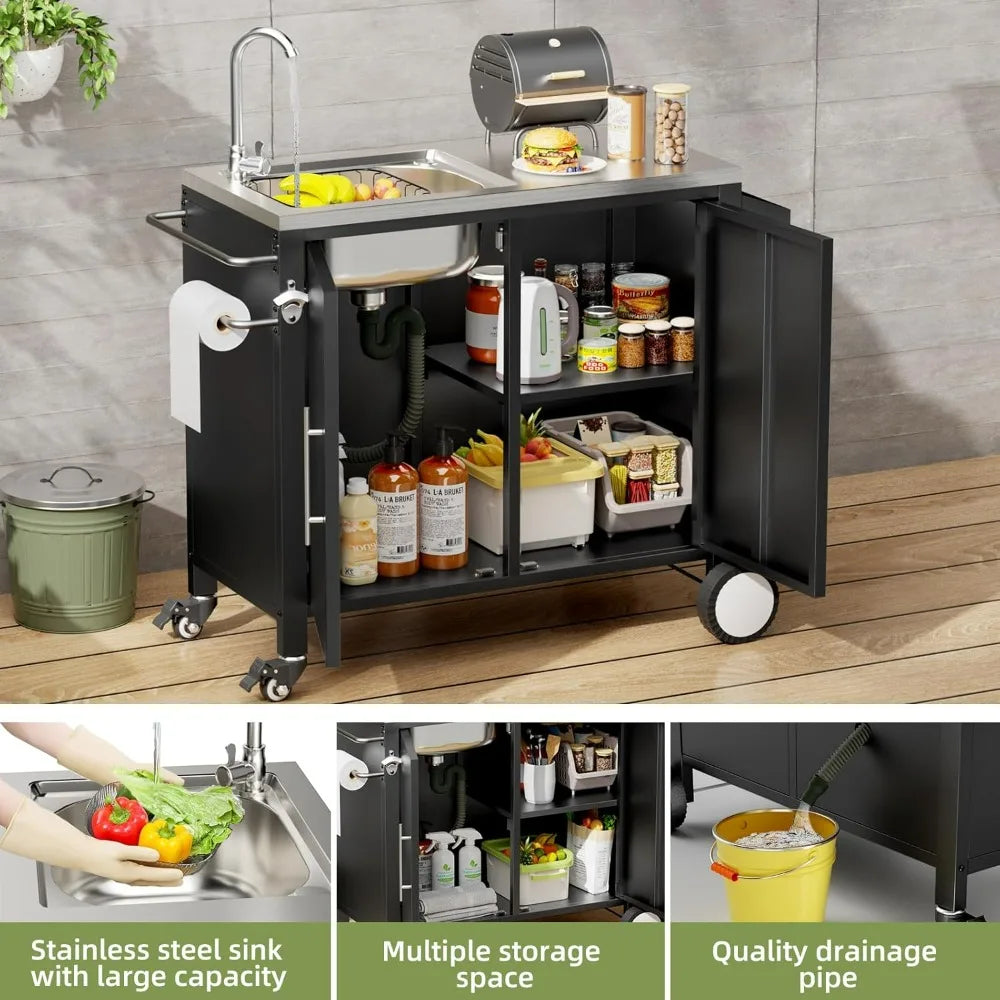 Stainless Steel Outdoor Grill Table with Sink and Storage Cabinet