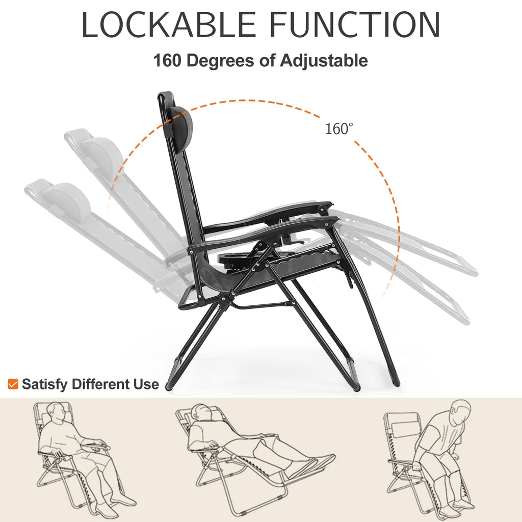 Zero Gravity Portable Recliner Camping Patio Outdoor Garden Lounge Chair with Cup Holder Trays Adjustable Pillow for Backyard