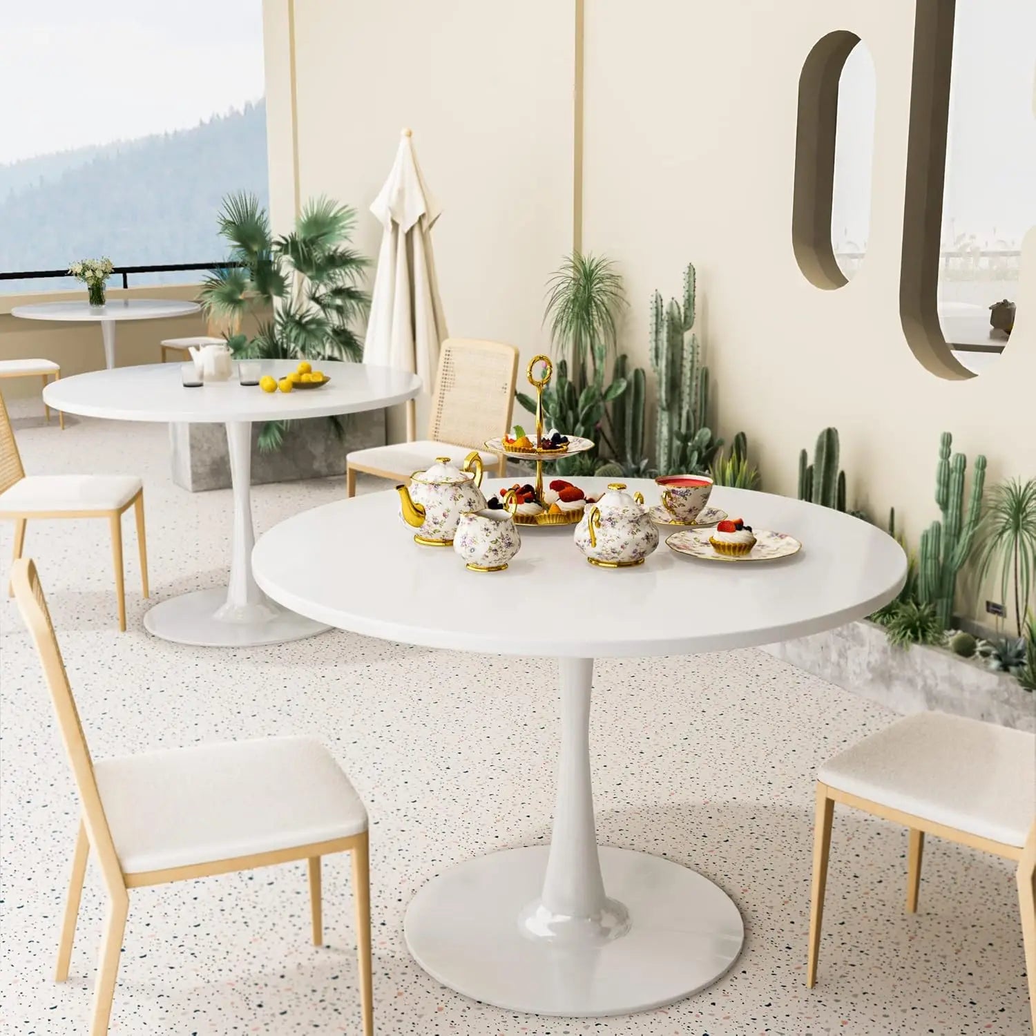 White Round Kitchen Dining Table, 42.1"/4-6 People with MDF Tabletop & Pedestal Base