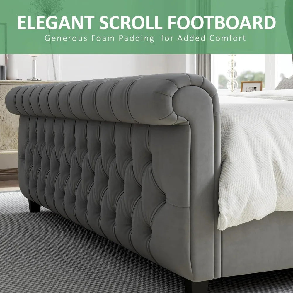 Queen Size Platform Bed Frame, Velvet Upholstered Sleigh Bed with Scroll Wingback Headboard & Footboard/Button Tufted