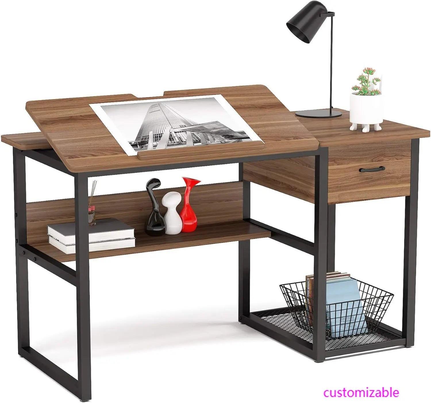 Drafting Table with Storage Drawers, Drawing, Computer Desk, Artist Craft Table, Painting, Workstation with Shelves & Tiltable