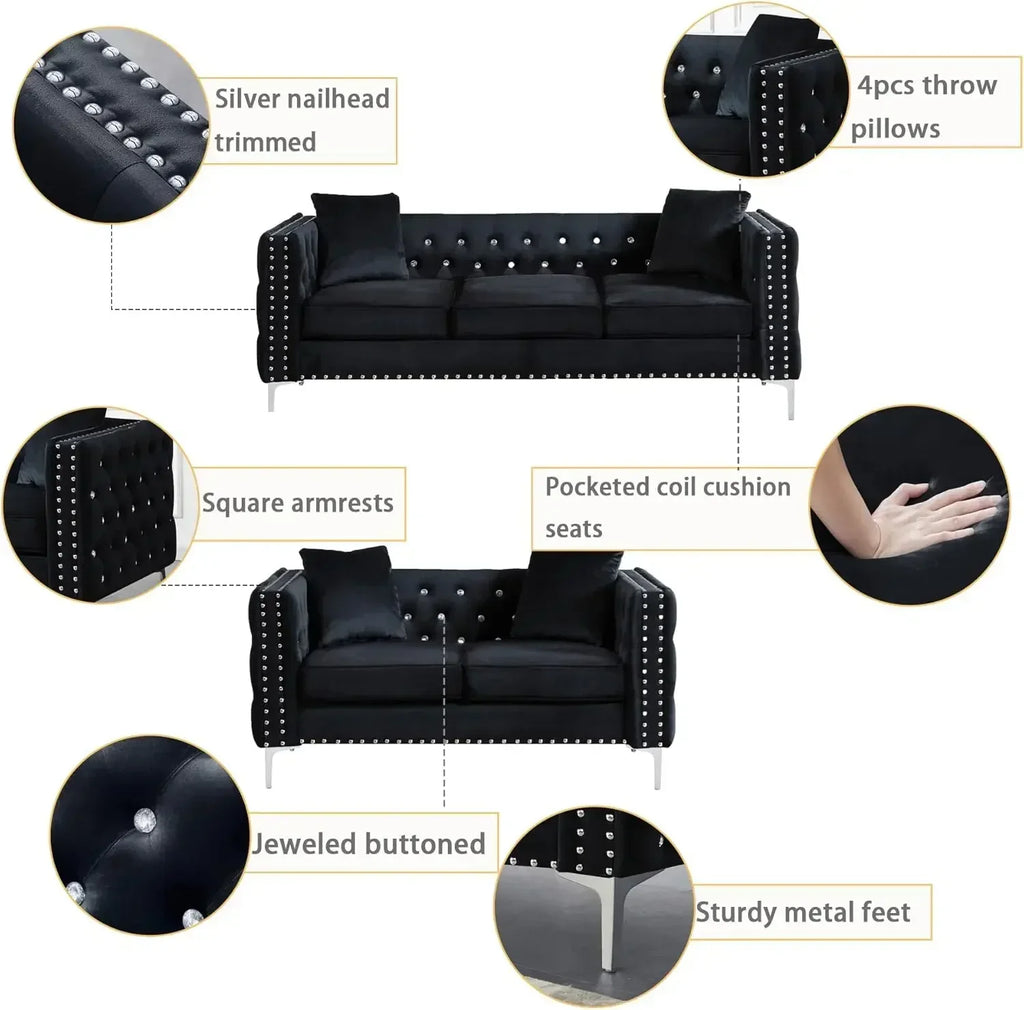 Black Velvet Upholstered Living Room Furniture Set-2-Piece,Including 3-Seater Sofa and Loveseat with Jeweled Buttons