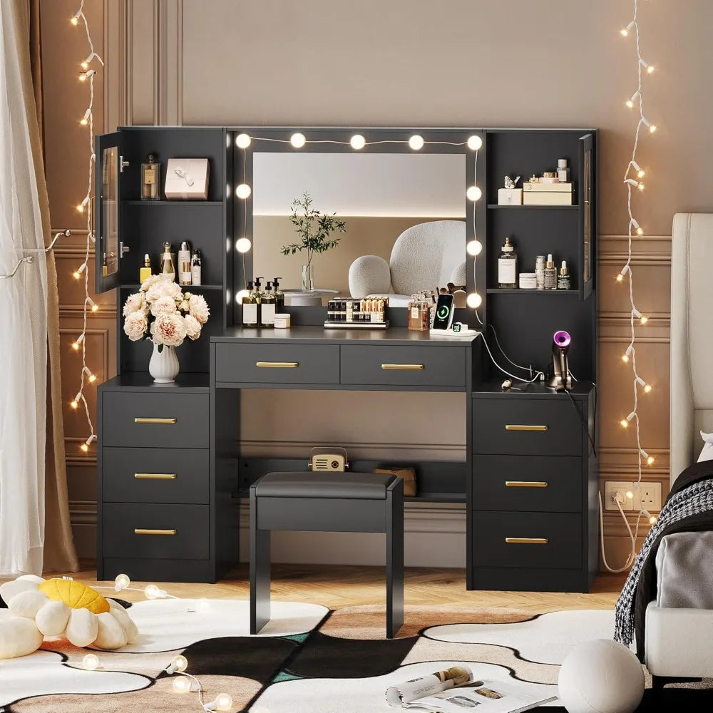 Illuminated Makeup Desk with 58.3" Mirror, Charging Station, and Storage for Beauty Essentials