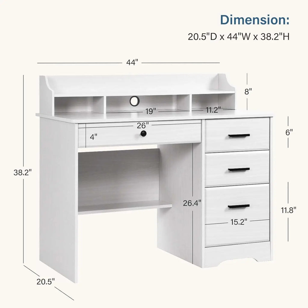 White Computer Desk with 4 Drawers, Hutch & Shelf - Ergonomic Home Office Workstation for Students