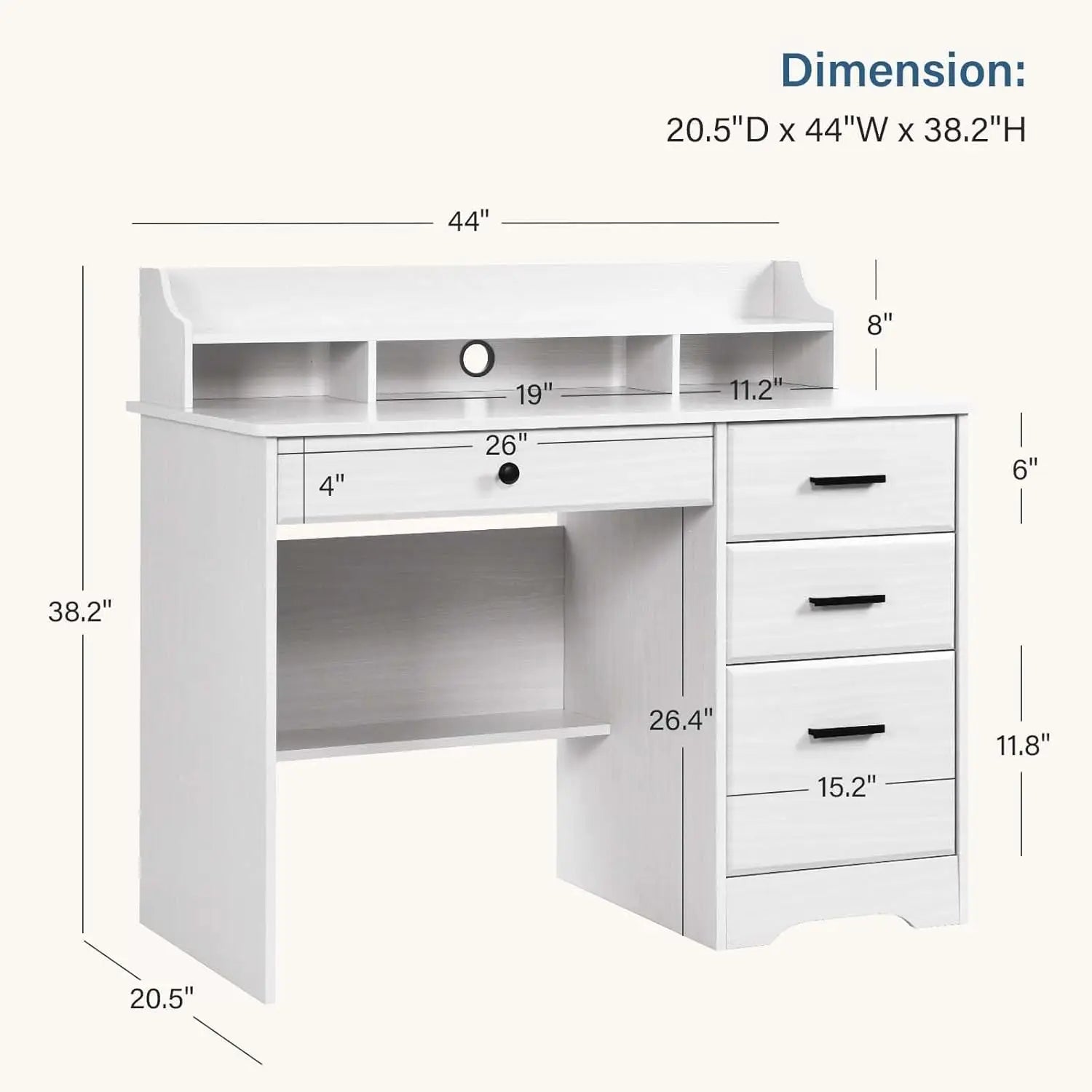White Computer Desk with 4 Drawers, Hutch & Shelf - Ergonomic Home Office Workstation for Students