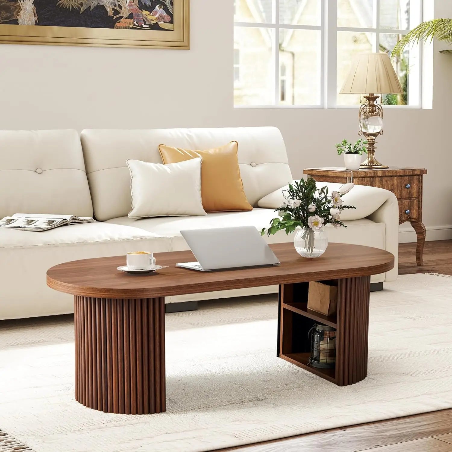 AVZEAR Oval Fluted Coffee Table for Living Room, Mid Century Modern Coffee Table with Storage, Curved Round Wooden Center Table