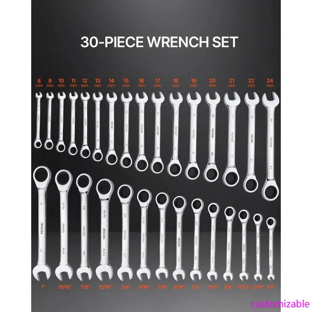 30-Piece Ratcheting Wrench Set with Organizer, Cr-V Steel, SAE 1/4 to 1 and Metric 8mm