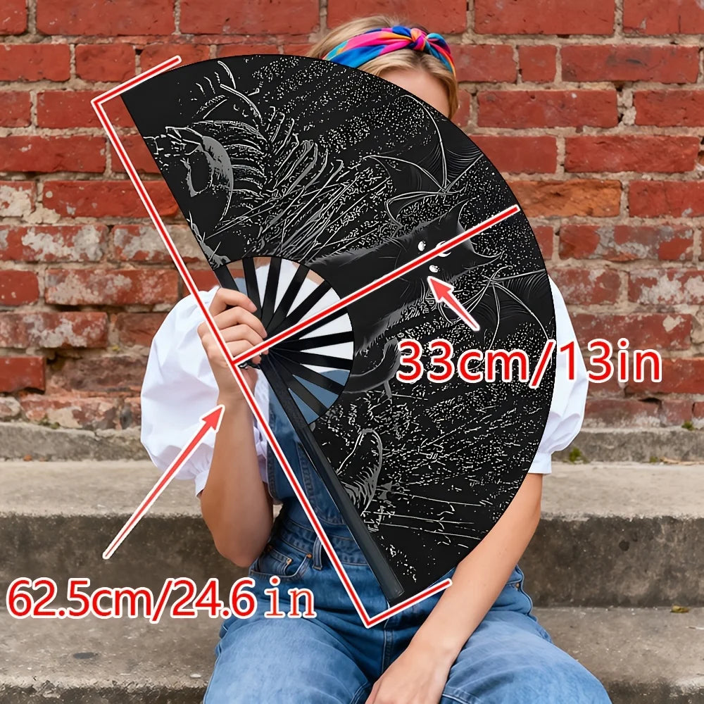 Dark Witch Wind Moon Teeth Black Cat Printed Folding Fan, Starry Sky Forest Handheld Fan, Suitable for Gothic Parties, Gatherings, Dance Performances, Large-scale Events, And Dance Shows.