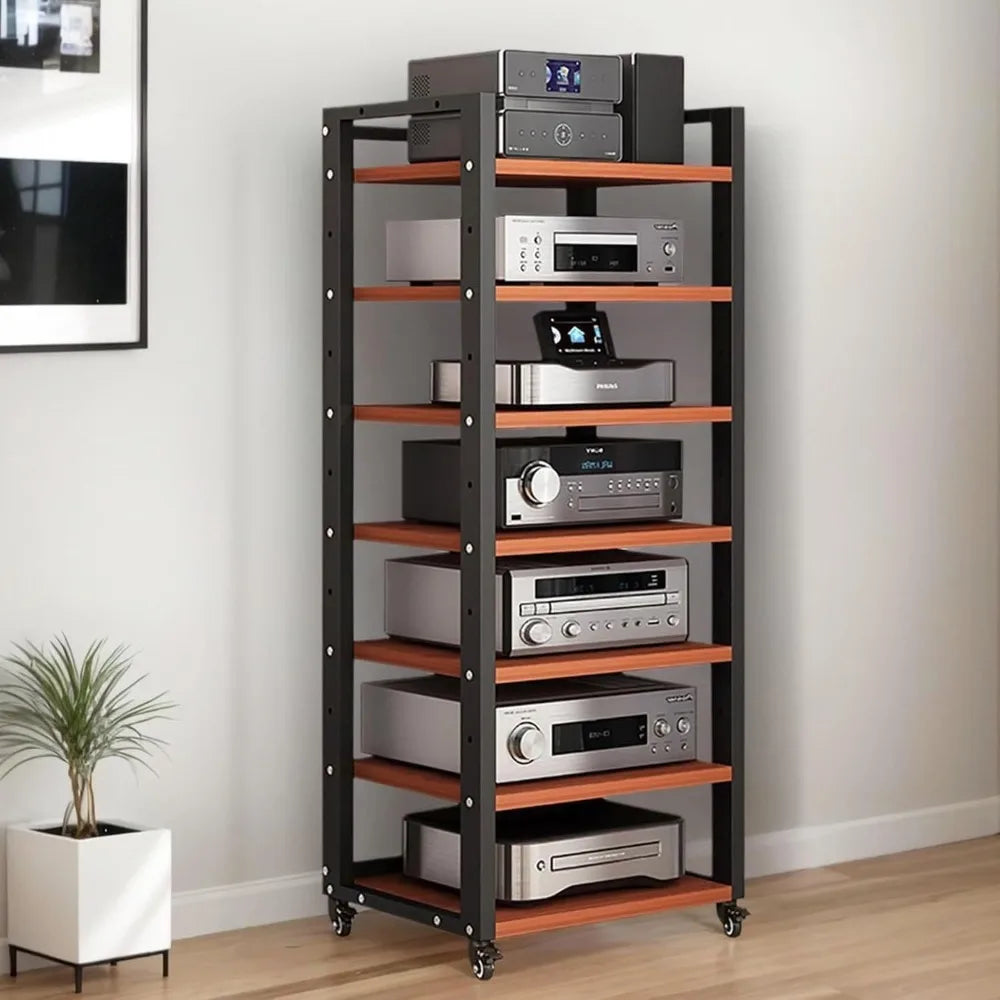 7-Tier Heavy Duty Audio Video Rack, Adjustable Shelves, 360° Wheels, HiFi Stereo Cabinet for Home Office
