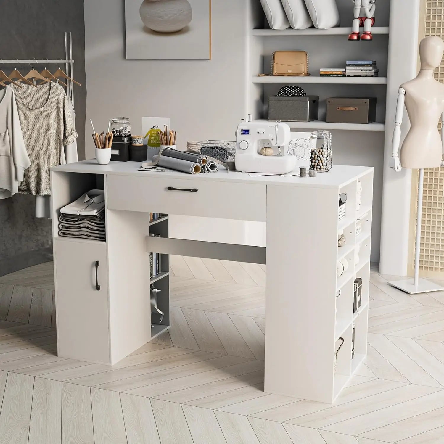 36” Counter Height Sewing Table, 53 Inch Artwork Craft Table with 14 Open Compartments, 3-Position Adjustable Shelf