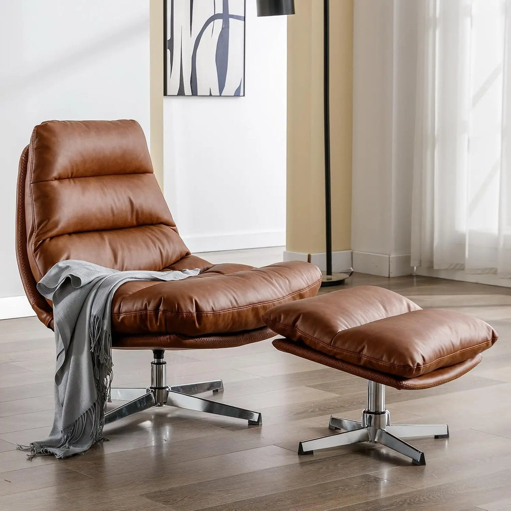 Swivel Accent Chair with Ottoman, Mid Century Modern Faux Leather Lounge Chair With Footrest, Comfy Oversized Armchair