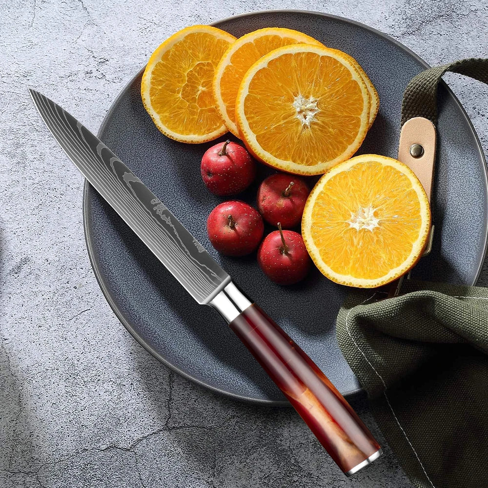 Kitchen Knife Set 15-Piece With Wooden Block, Laser Damascus Pattern Steel Professional Chef's Knife, With Scissor Sharpening Rod