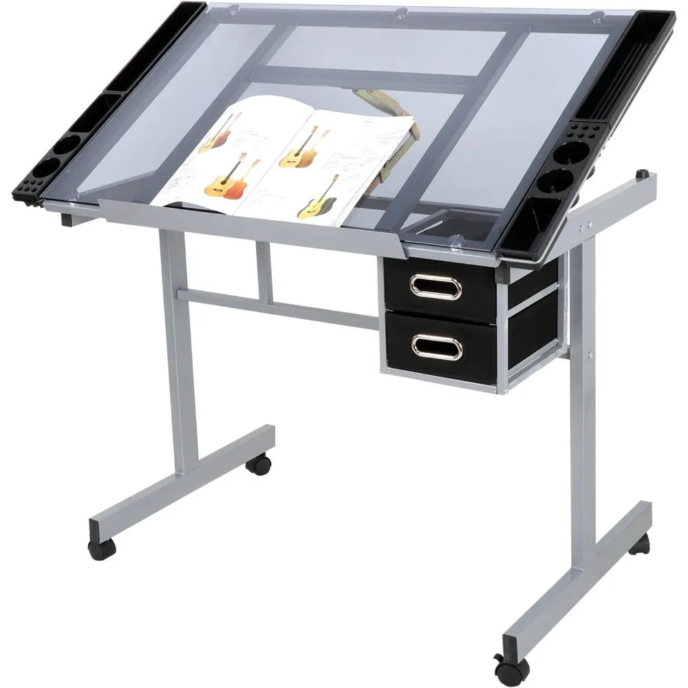 Adjustable Drafting Table, Art/ Desk Drawing Table Versatile Art Craft Work Station Glass Tabletop w/2 Slide Drawers and Wheels