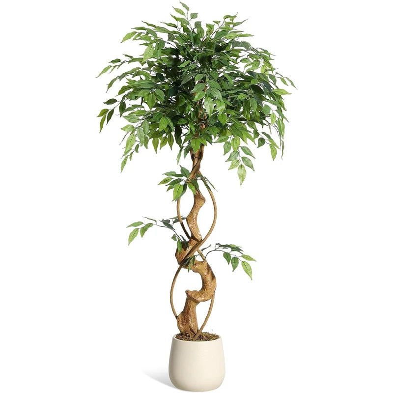 Artificial Ficus Tree 120/150/180cm with White Planter, Large Faux Weeping Fig with Curved Trunk and 1860 Silk Leaves, Lifelike Indoor Plant for Living Room/ Bedroom/ Office Decor, No Maintenance