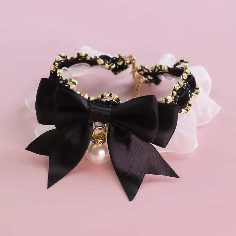 Lace Princess Cat Collar Necklace with Bow and Pearl Decoration Cute Kitten Jewelry Accessory