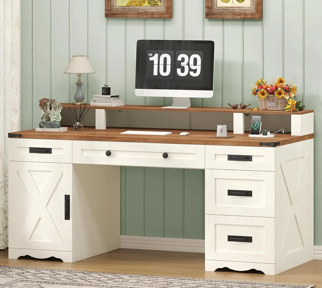 Farmhouse Executive Desk with Drawers & Storage Shelves, 55" Computer Desk with Power Outlets, Home/ Office Desk