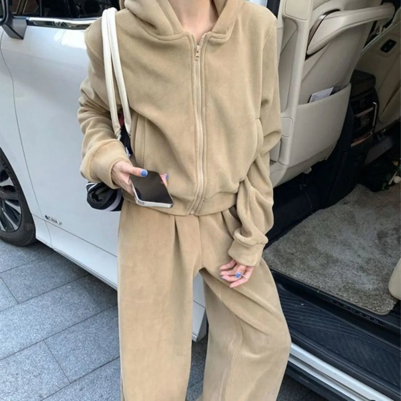 Fashion Set Women Hooded Sweatshirt Jacket Top Long Pants Wide Leg Pants Floor-Length Pants Two-Piece Set