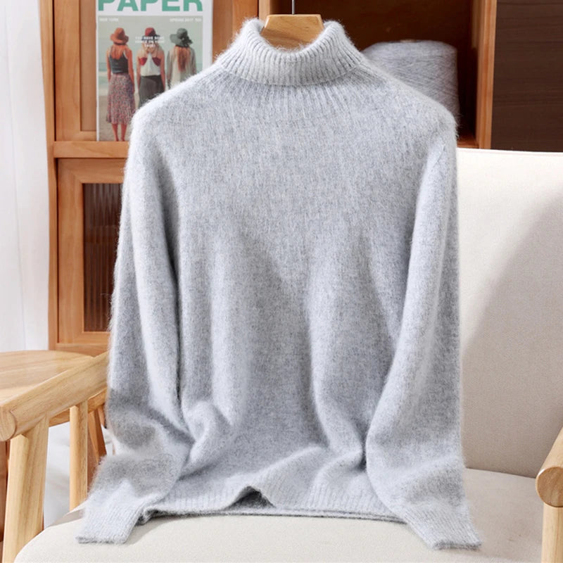 Autumn And Winter 100% Mink Cashmere Sweater, Ladies' High Lapel Solid Color Padded Pullover Wool Knitted Bottoming Shirt