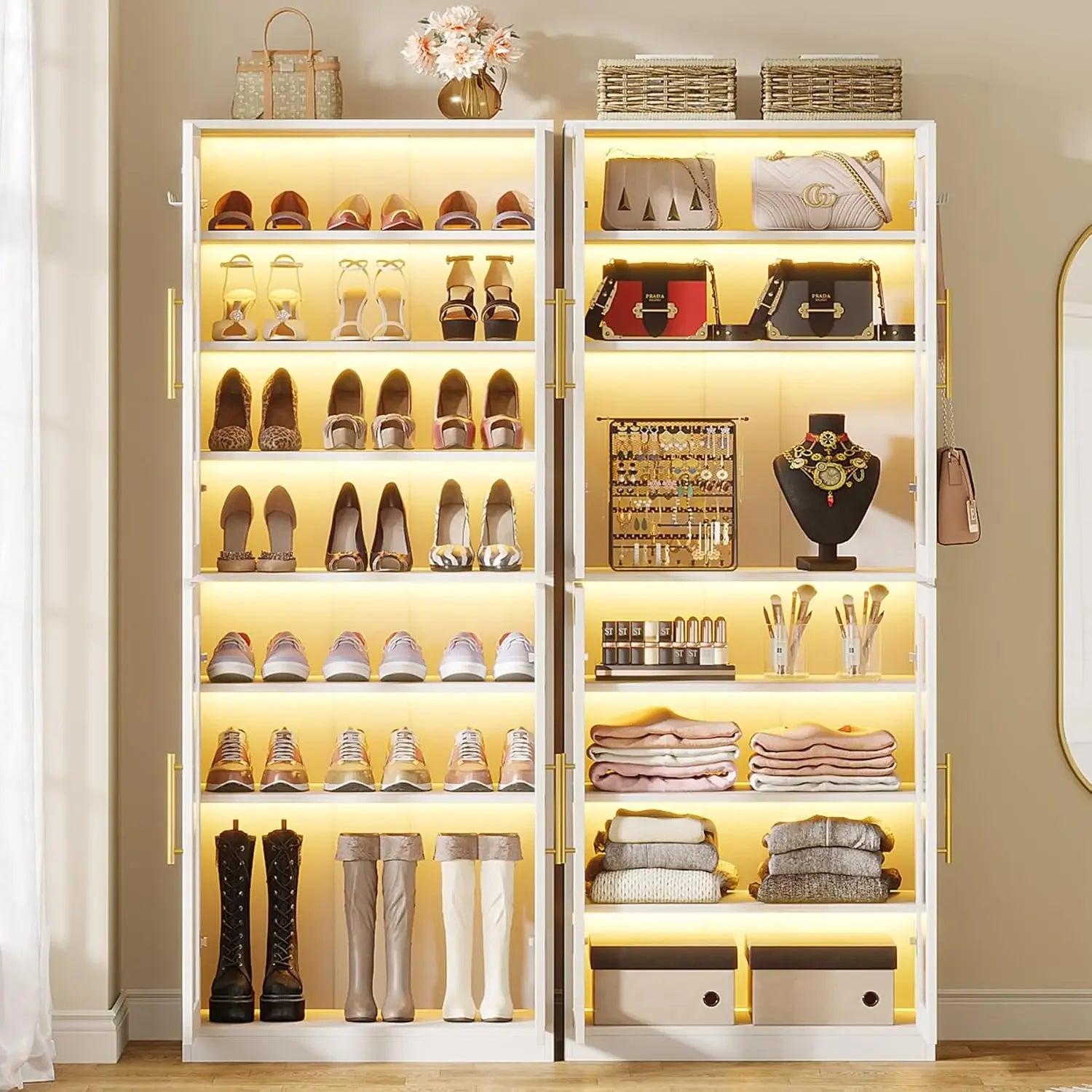 Tall Shoe Storage Cabinet with Acrylic Doors and LED Lights, 8-Tier Entryway Shoe Organizer Rack with Adjustable Shelves