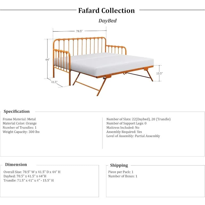 Twin Size Metal Daybed with Trundle and Steel Slat Support, Easy Assembly, Multi-Functional Furniture