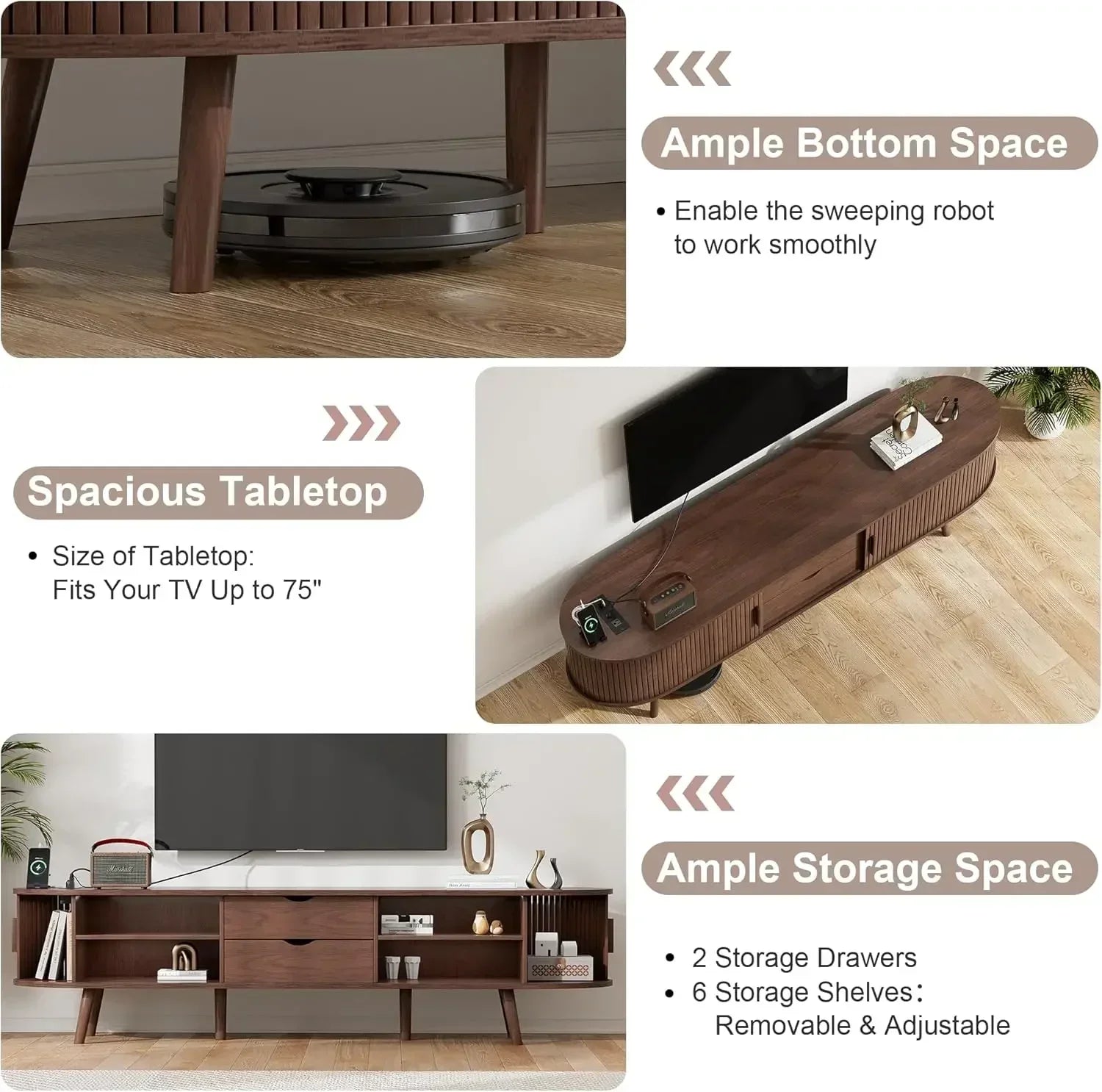 XMSJ. Fluted Entertainment Center Living Room,69" Mid Century Modern TV Stand with Charging Station ,Drawer and Shelf, Bedroom
