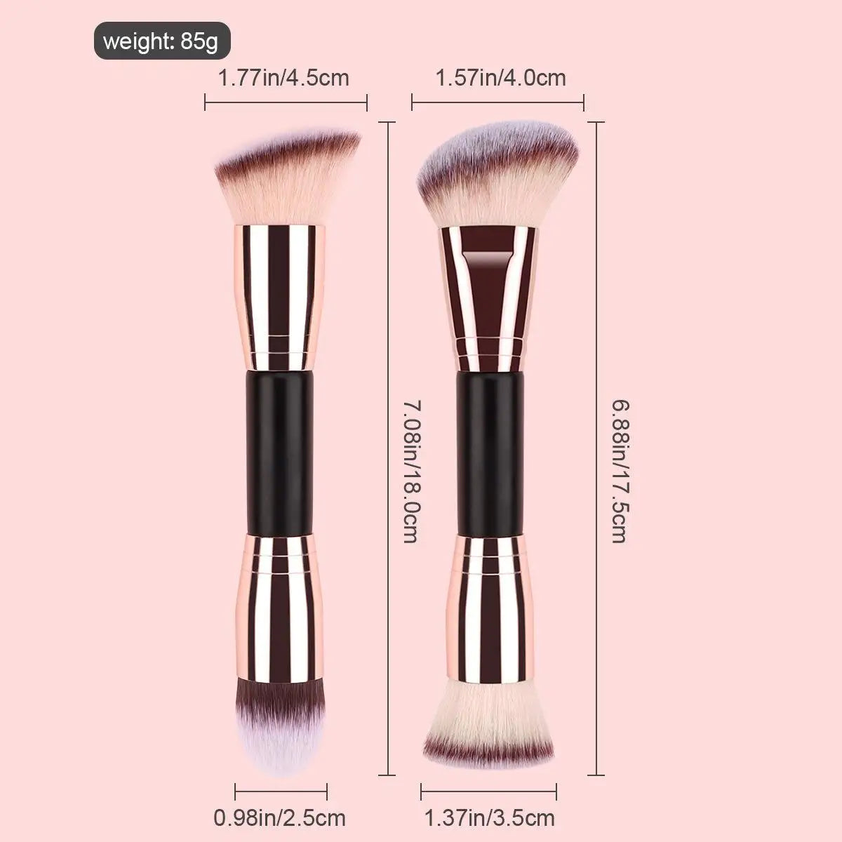 2pcs Double-Ended Foundation Brush Set - Round, Flat Beveled Ends, Soft Nylon Bristles ABS Handle, Unscented Universal Skin Type