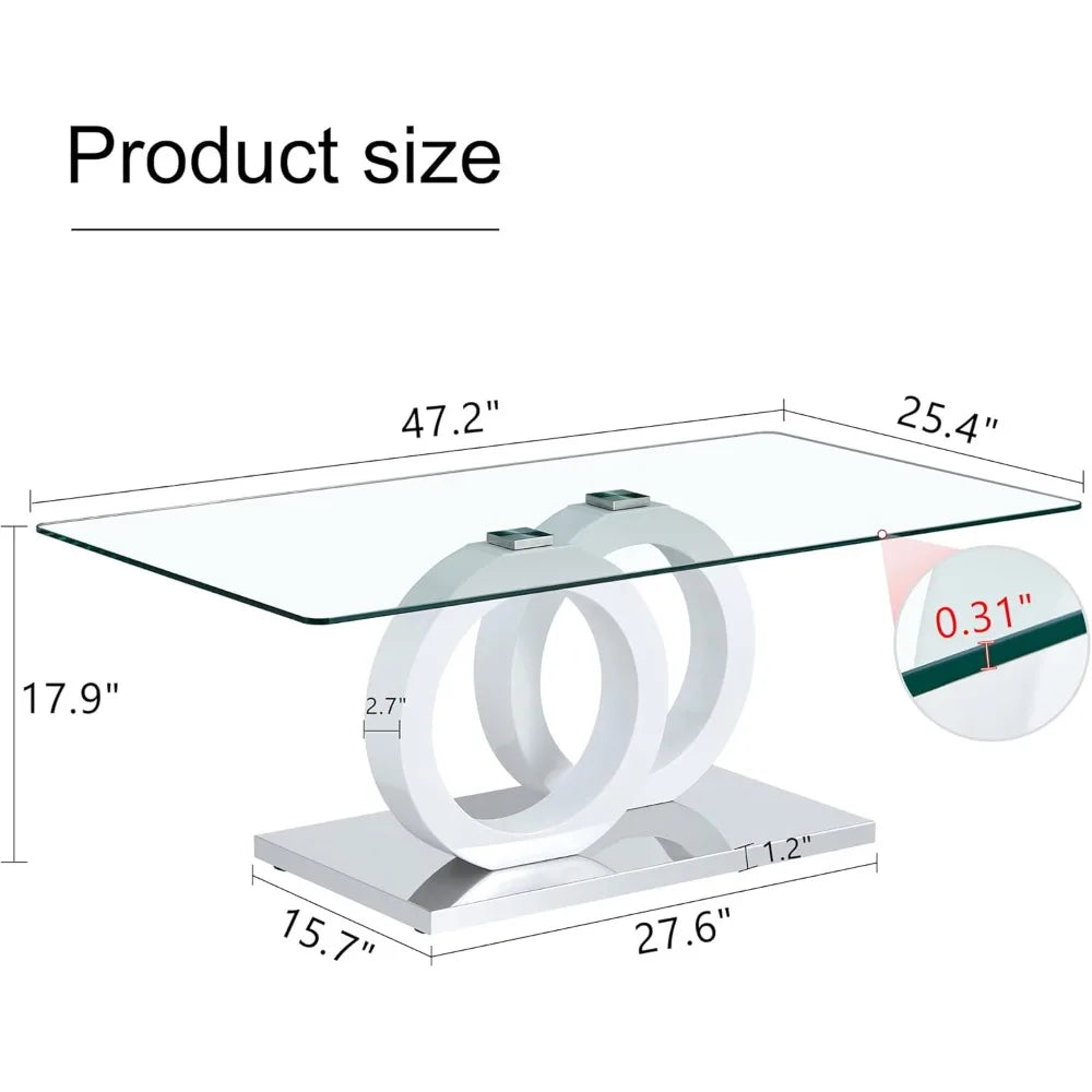 Glass Coffee Table, Coffee Table for Living Room, 47'' Modern Tempered Glass Tabletop with DoubleO MDF Leg and Silver Metal Base