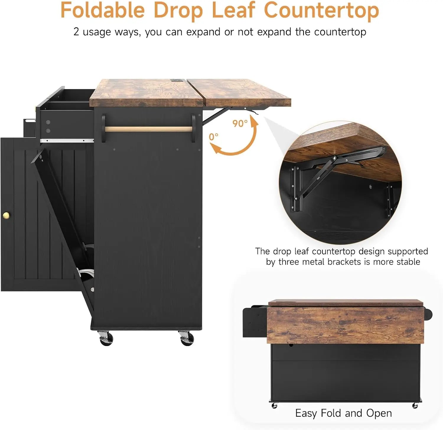 60" Kitchen Island with Power Outlet & Drop Leaf, Kitchen Rolling Island with Spice Rack & Towel Rack, Knife Holder