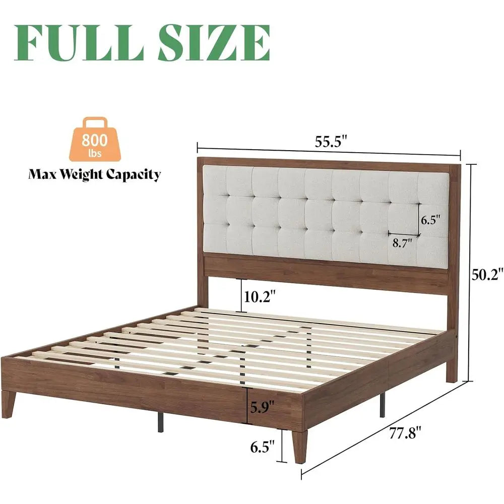 Mid-Century Walnut Solid Wood Bed Frame with Tufted Headboard, No Box Spring Needed