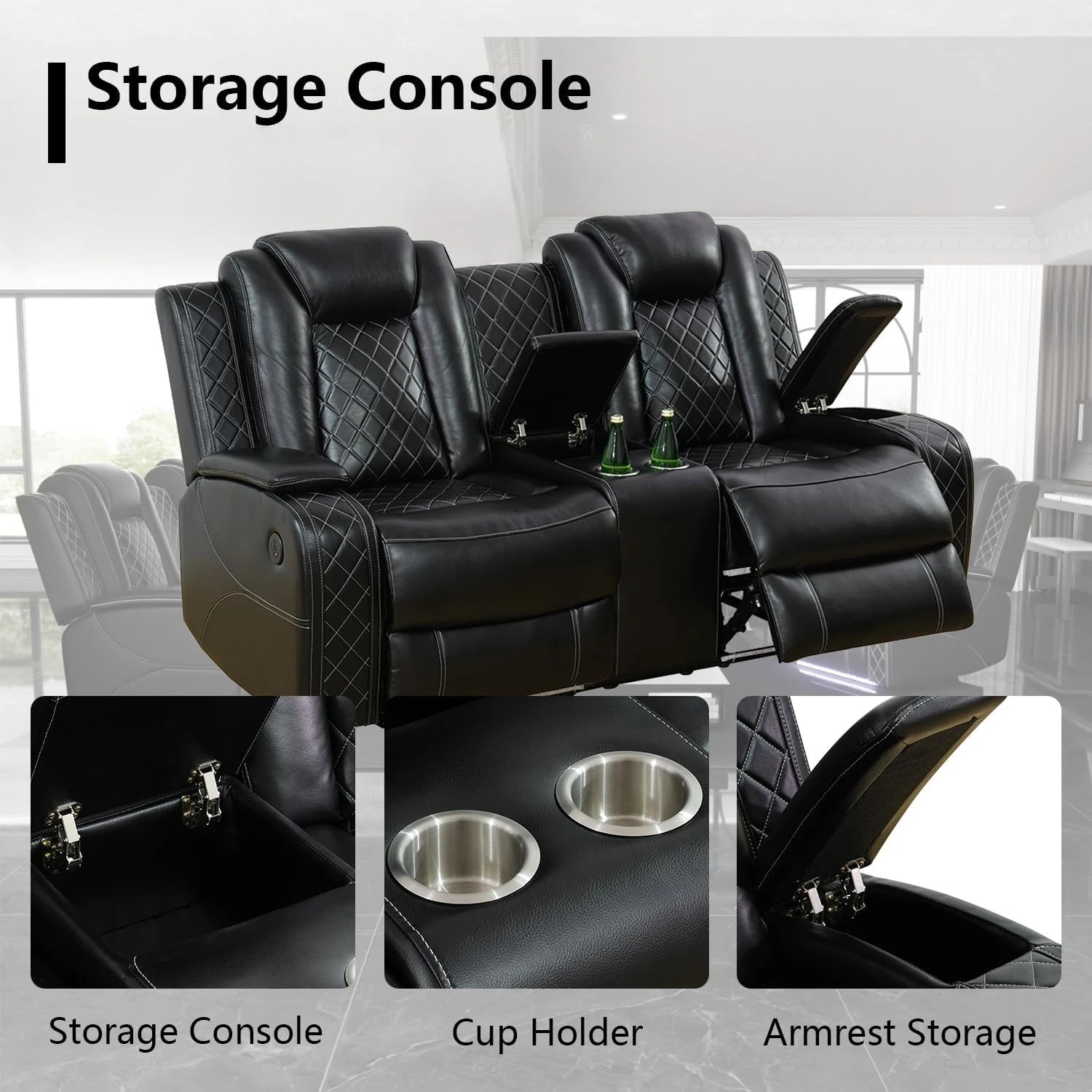 Power Recliner Sofa Set with LED Light for Living Room Furniture Black Leather 3 Seater Sofa