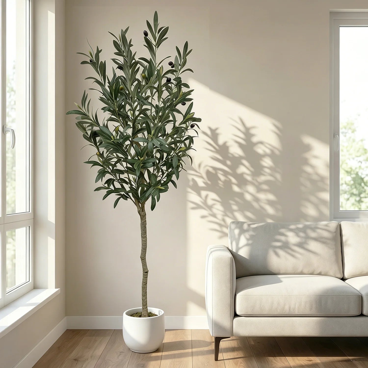 Artificial Olive Tree with Planter, Realistic Faux Silk Plant with Wood Trunk & Lifelike Fruits, Tall Fake Potted Olive Tree for Home/ Office/ Living Room Decor