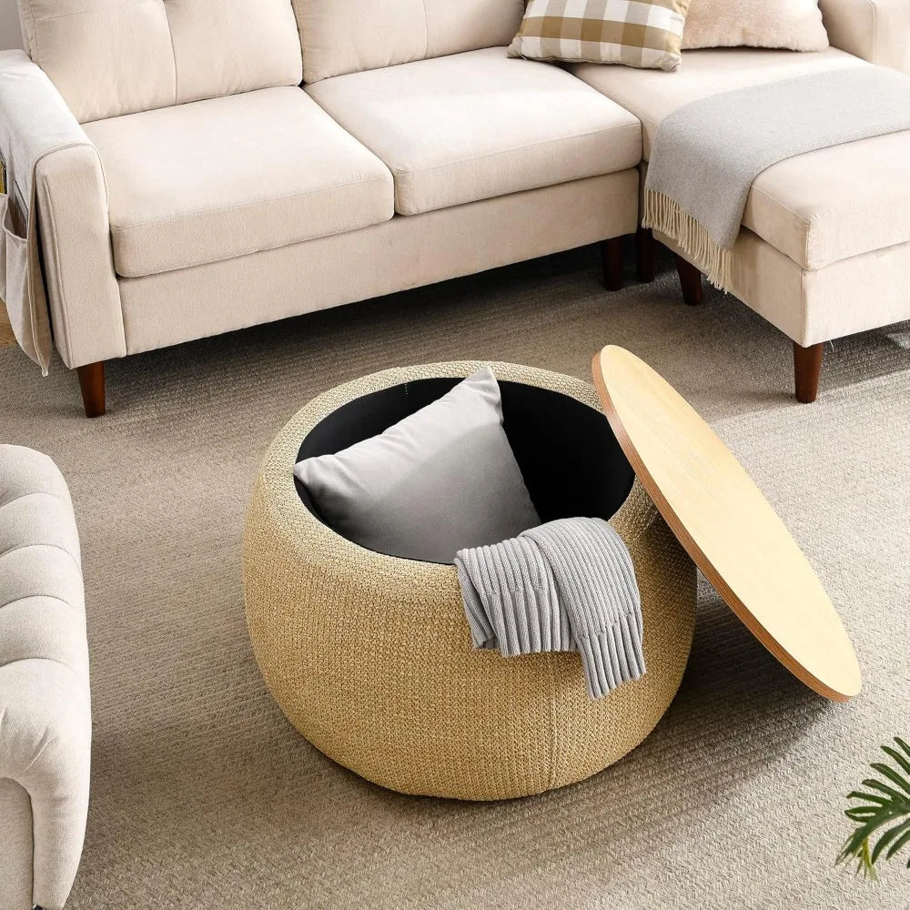 Modern Round Storage Ottoman with Wooden Lid, Circle Ottoman Handmade Ottoman Coffee Table, End Table & Footstool for Living Room