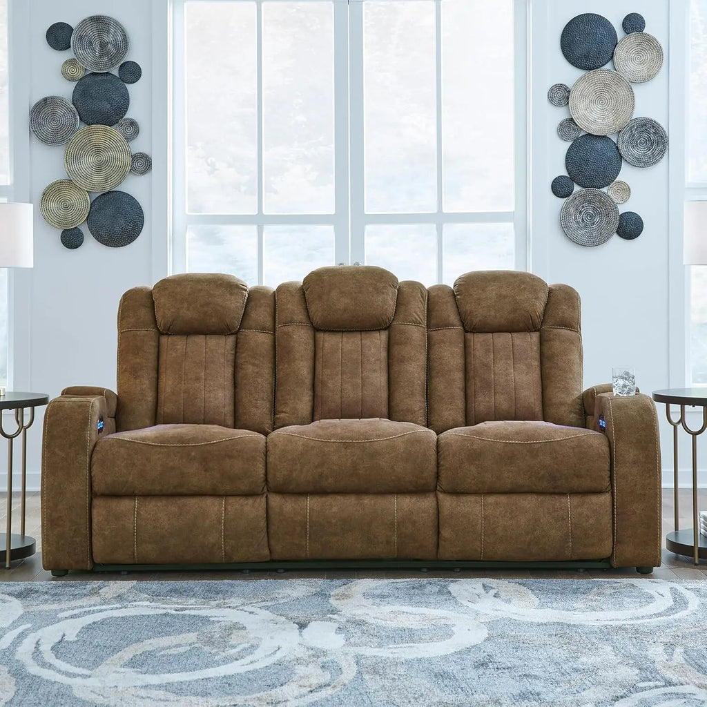 Contemporary Faux Leather Power Reclining Sofa with Drop Down Table, LED Lights, Electrical Outlet, Wireless Charging