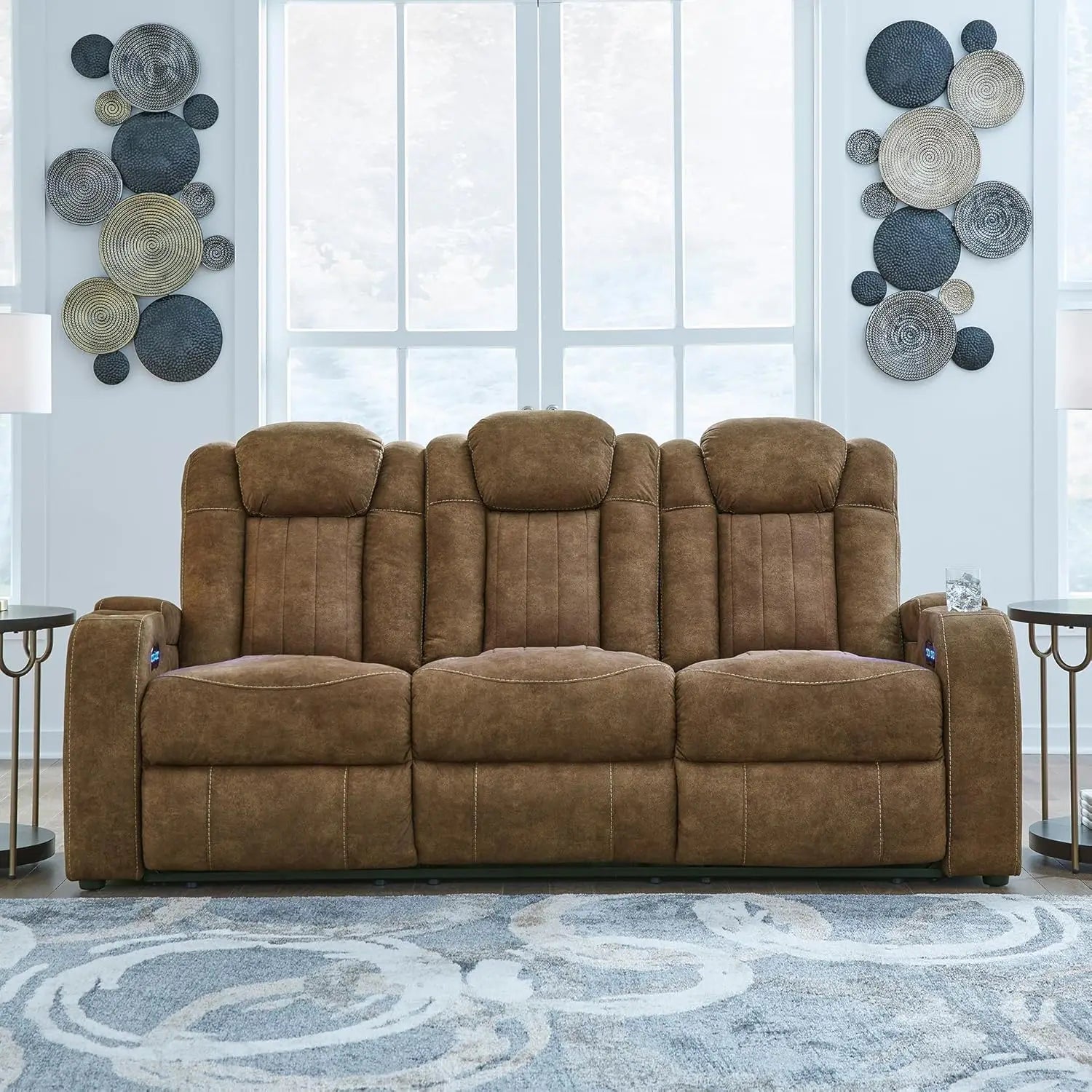 Contemporary Faux Leather Power Reclining Sofa with Drop Down Table, LED Lights, Electrical Outlet, Wireless Charging