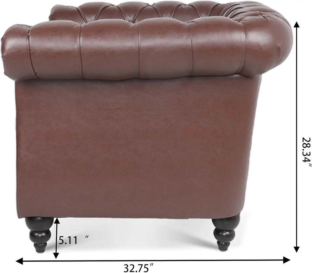Leather Chesterfield Chair, Mid-Century Modern Single Sofa Chair, Tufted Upholstered Rolled Armchair