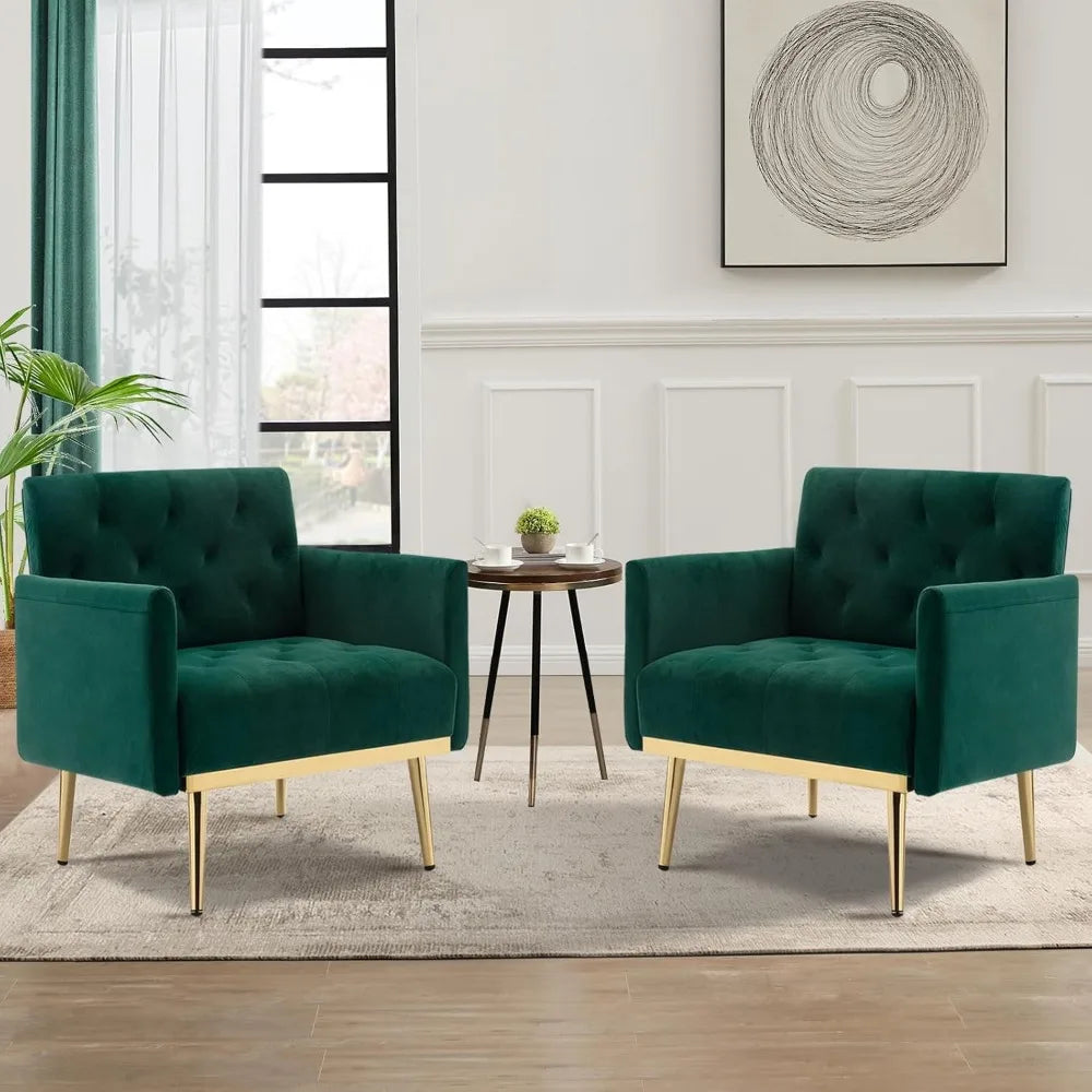 Green Velvet Accent Chairs Set of 2, Comfy Button Tufted Armchair, Upholstered Arm Chairs