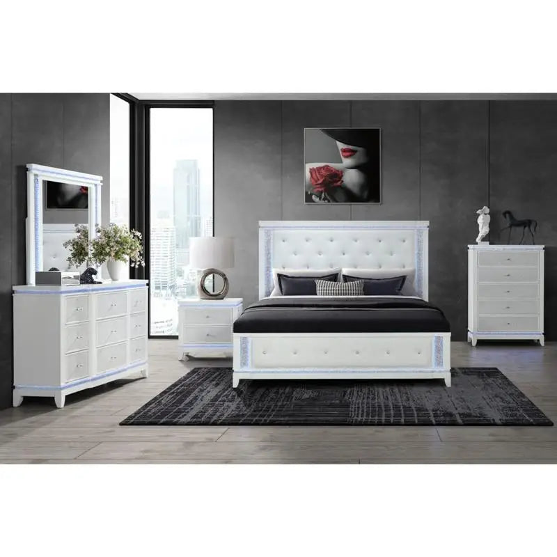 5-Piece Bedroom Set - White King Size Bed with Nightstands, Dresser, and Mirror