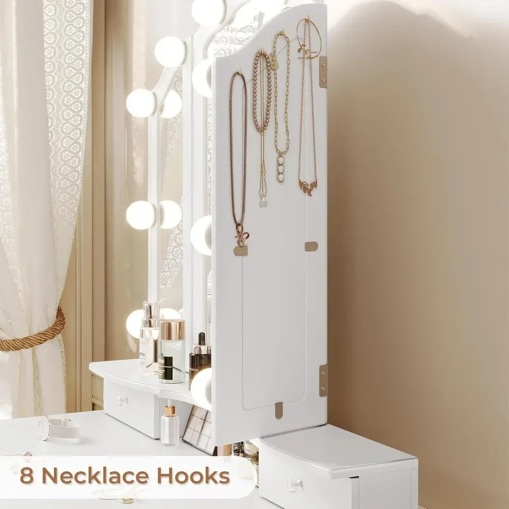 New Vanity Table Set with Lighted Tri-Folding Mirror, Makeup Vanity with Lights & 3 Color Lighting Modes, Vanity Desk/ Mirror