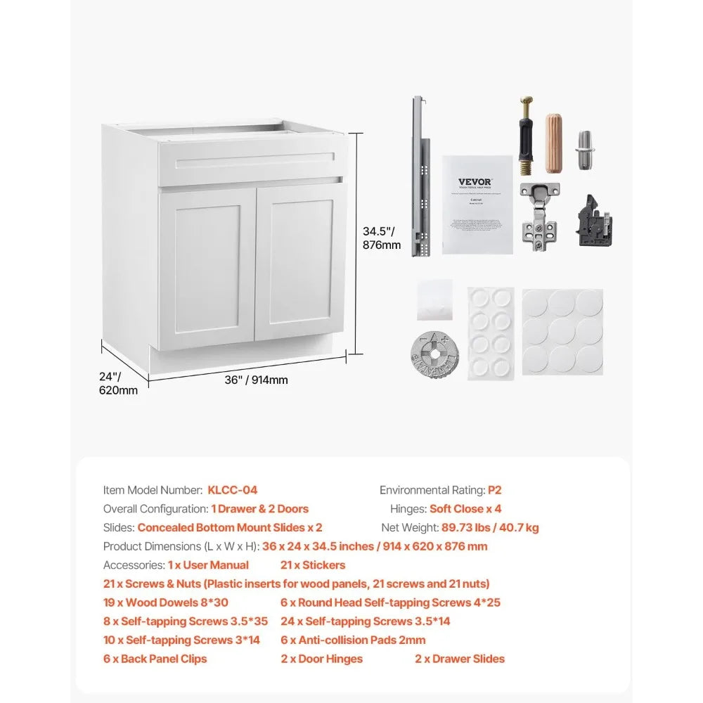 36 White Shaker Style Drawer Base Cabinet, Unassembled, 36 Width x 24 Depth x 34.5 Height