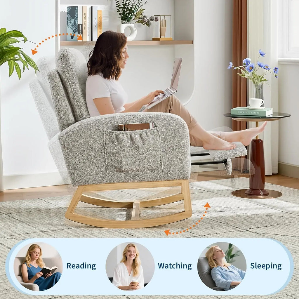 Rocking Chair Nursery Chairs with Foot Rest, Recliner Armchair with High Backrest & Wood Legs and Side Pocket for Living Room