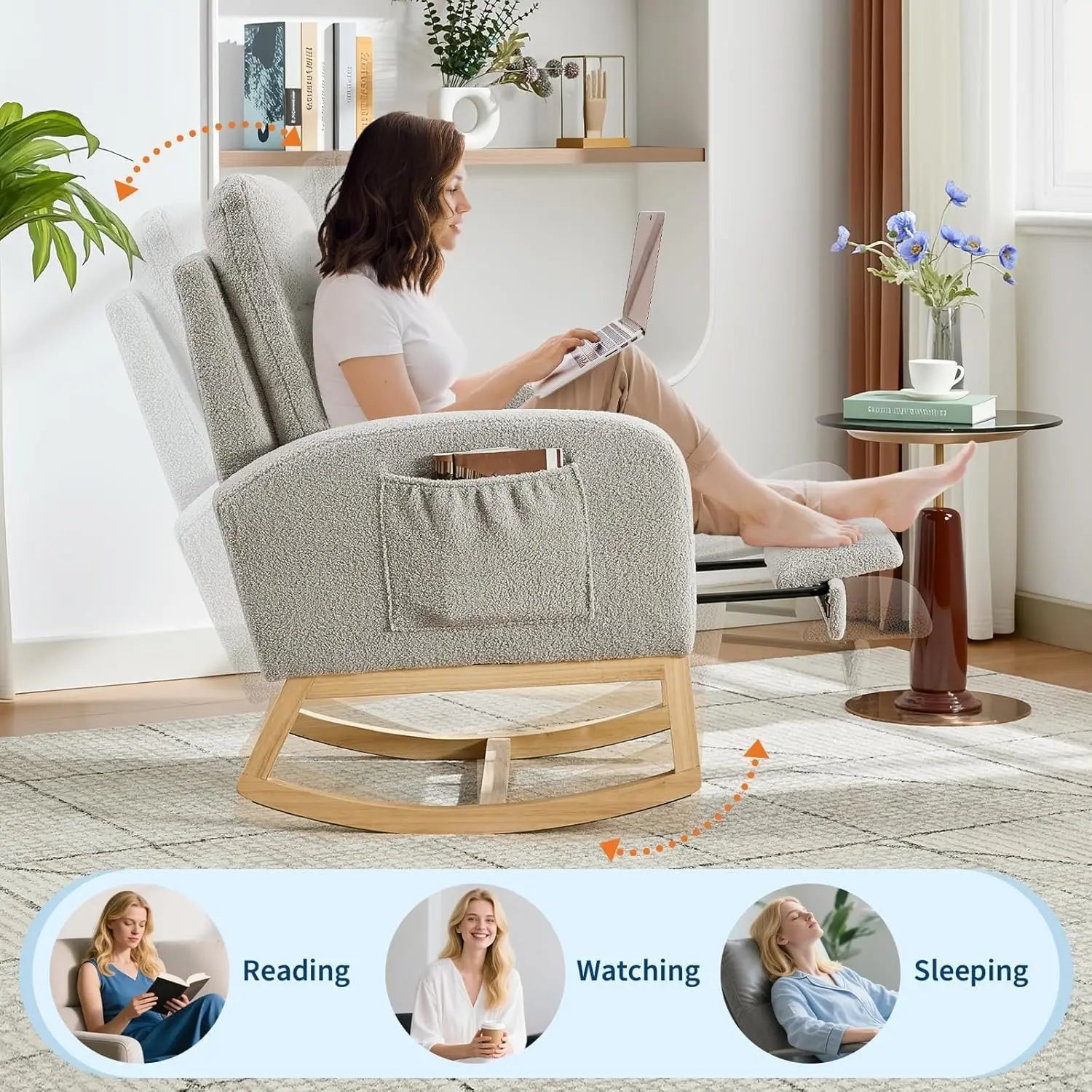 Rocking Chair Nursery Chairs with Foot Rest, Recliner Armchair with High Backrest & Wood Legs and Side Pocket for Living Room