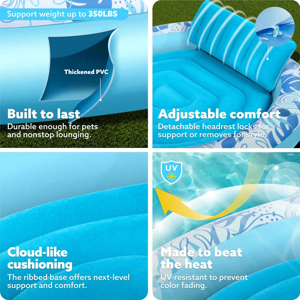 Sloosh Tanning Pool Lounger Float, Luxury Fabric Large Pool Floats Inflatable Lake Float Heavy Duty Suntan Tub For Lake, Outdoor, Backyard, Swimming Pool